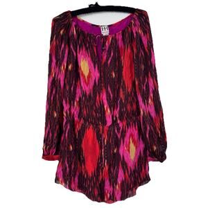 Haute Hippie Boho Luxe 100 % SILK Pink Retro Flowy Print Tunic Top Sz L